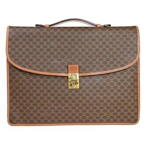 CELINE Logo Macadam Pattern Briefcase Hand Bag PVC Leather Brown Italy